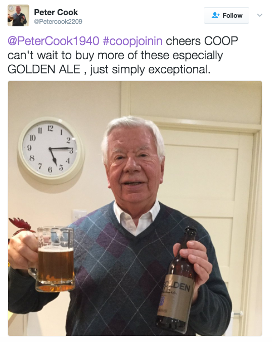image shows tweet with twitter image. tweet says: 'cheers COOP can't wait to buy more of these especially GOLDEN ALE, just simply exceptional. twitter image shows man holding bottle and glass of beer.