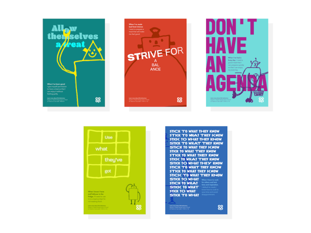5 posters with bright colours, playful typography and robot doodles not the focus but incorporated.